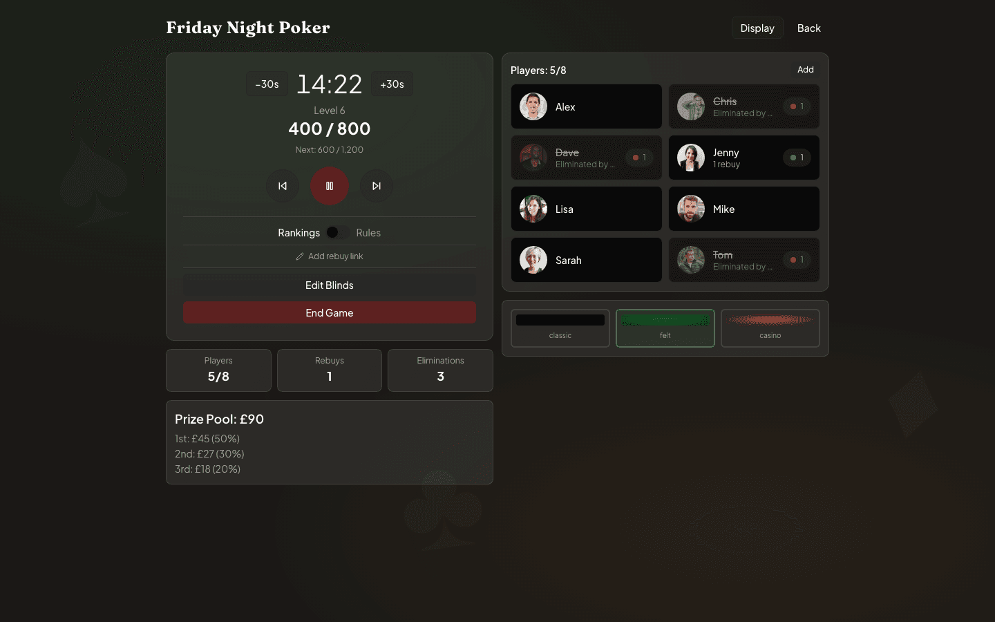Admin panel showing timer, player grid, and game controls
